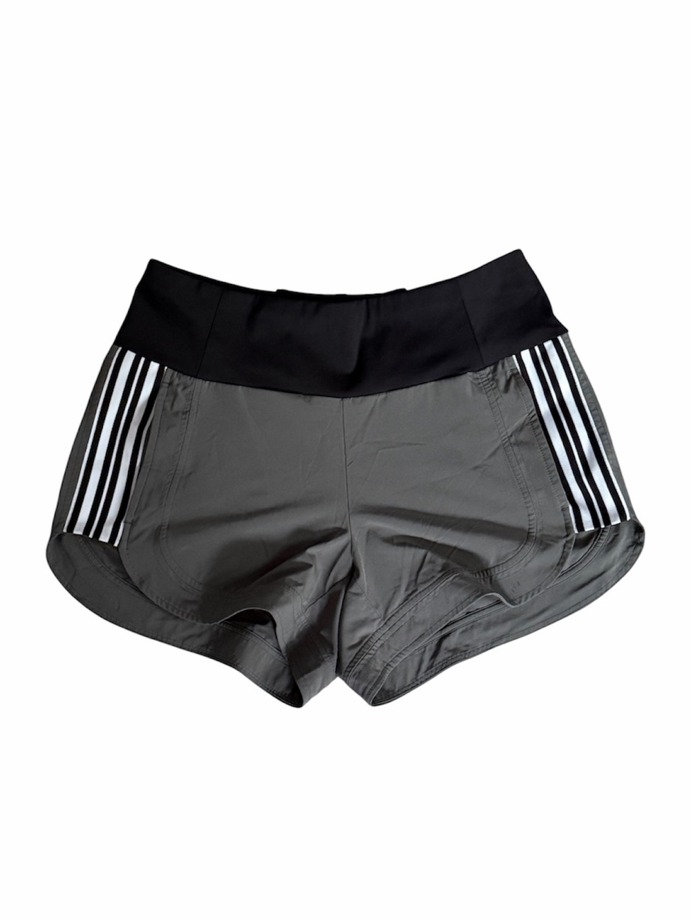 Athleta Ascender Olive UPF Women’s Athletic Shorts with Black Waistband, stripe